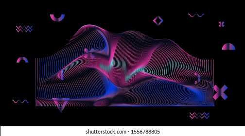 Holographic distorted laser grid on dark background. Synthwave and vaporwave style retrofuturistic illustration.