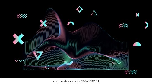 Holographic distorted laser grid on dark background. Synthwave and vaporwave style retrofuturistic illustration.