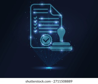 Holographic document with checkmarks and stamp in blue wireframe, projected via laser. Particles create 3D effect. Ideal for tech, legal, compliance visuals, apps and digital branding.