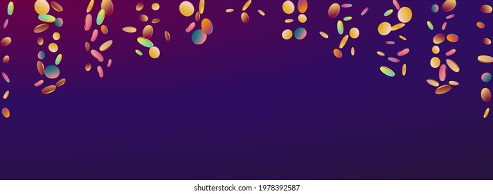 Holographic Dot Festival Panoramic Purple Background. Colored Fun Round Card. Invitation Design. Hologram Effect Invitation.