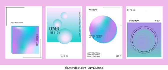 Holographic effect backgrounds, cover templates design set. Blurry abstract backdrops. Vector illustrations with rainbow gradient in y2k retro style for posters, flyers, banners, social networks.

