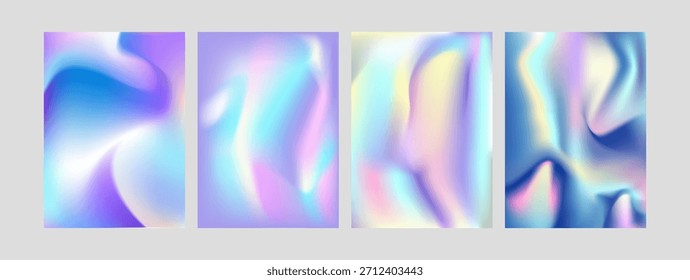 Holographic effect gradient. Set of colorful blurred blue pink purple yellow grainy gradient. Trendy pastel blends. Gradient background.