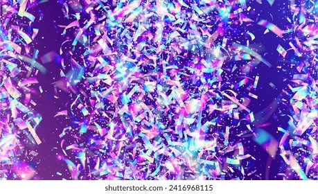 Holographic Effect. Transparent Glitter. 3d Pattern. Pink Disco Tinsel. Cristal Dust. Happy Birthday Cristals. Falling Ribbon. Iridescent Background. Blue Holographic Effect