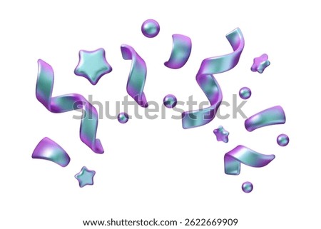 Holographic effect vector 3d confetti set. Iridescent abstract shapes, shining happy birthday emoji. Blue and pink gradient serpentine frame. Celebration carnival illustration isolated