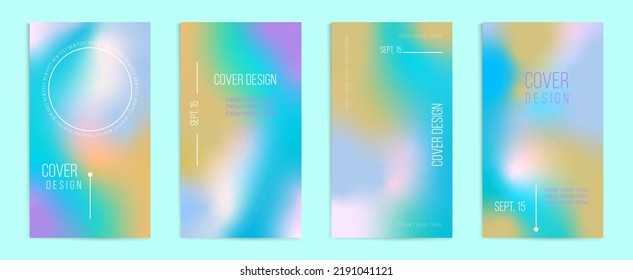 Holographic effect vertical stories, cover templates design set for social media posts and stories banners. Blurry abstract backgrounds. Vector covers with rainbow gradient in y2k retro style.