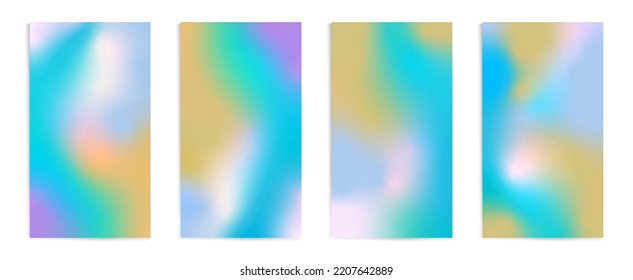 Holographic effect vertical stories, cover templates design set for social media posts and stories banners. Blurry abstract backgrounds. Vector covers with gradient mesh in y2k retro style.
