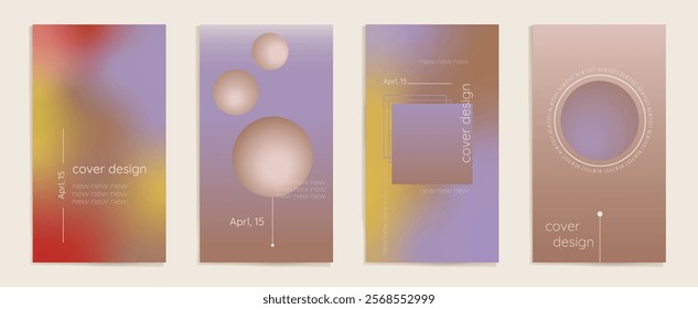 Holographic effect Y2K vertical backgrounds. Set of social media covers design. Graphic design showcasing modern cover concepts with abstract shapes and soft color gradients. Vector illustrations.