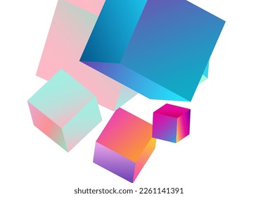 Holographic Element Vector White Background. Bright Abstract Polygon Cover. Perspective Cube Image. Multicolored Box Shiny Paper.