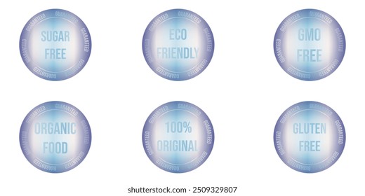 Holographic emblem template design isolated transparent background. Set of food tag patch. Hologram vector aesthetic symbol for pack design. EPS 10