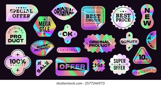 Holographic emblems. Iridescent hologram stickers and stamps and holography badges for product label design, shiny rainbow metal tag gradient geometric shapes. Vector set.