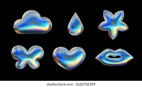 Holographic emoji stickers set. Y2k chrome design elements isolated on black background. Vector 3d heart, flower, lips, cloud, drop and butterfly shape collection. Liquid metal iridescent effect emoji