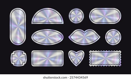 Holographic Empty geometric shape Sticker set. Hologram label in retro style with place text. Simple blank Tag with rainbow color