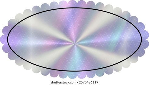 Holographic empty oval Sticker with wavy edge. Hologram label in retro style with place for your text. Simple long gradient horizontal geometric shape with rainbow color Tag.