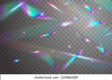 Holographic falling confetti glitters isolated on transparent background. Rainbow confetti iridescent overlay texture. Vector festive foil hologram tinsel with bokeh light effect and glare glitter. 
