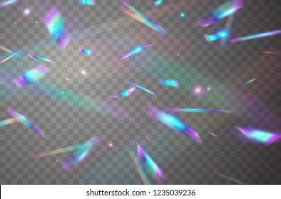 Holographic falling confetti glitters isolated on transparent background. Rainbow confetti iridescent overlay texture. Vector festive foil hologram tinsel with bokeh light effect and glare glitter. 
