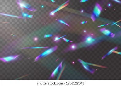 Holographic falling confetti glitters isolated on transparent background. Rainbow confetti iridescent overlay texture. Vector festive foil hologram tinsel with bokeh light effect and glare glitter. 
