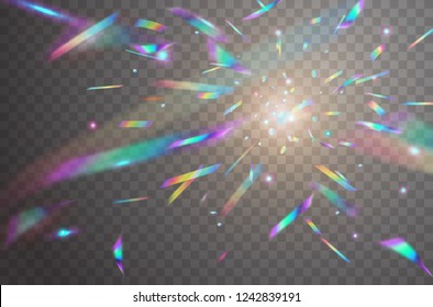 Holographic falling confetti glitters isolated on transparent background. Rainbow confetti iridescent overlay texture. Vector festive foil hologram tinsel with bokeh light effect and glare glitter. 
