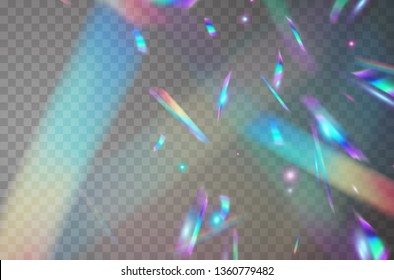 Holographic falling confetti glitters isolated on transparent background. Rainbow confetti iridescent overlay texture. Vector festive foil hologram tinsel with bokeh light effect and glare glitter. 