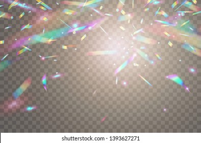 Holographic Falling Confetti Glitters Isolated On Transparent Background. Rainbow Confetti Iridescent Overlay Texture. Vector Festive Foil Hologram Tinsel With Bokeh Light Effect And Glare Glitter. 