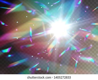 Holographic Falling Confetti Glitters Isolated On Transparent Background. Rainbow Iridescent Overlay Texture. Vector Festive Foil Hologram Tinsel With Bokeh Light Effect And Glare Flash. 