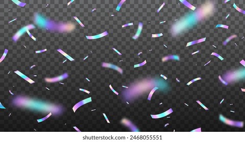 Holographic falling confetti glitters. Vector dynamic, shiny, colorful foil pieces fall down. Vivid colorful and iridescent cascading effect for celebration parties, events, and festive occasions