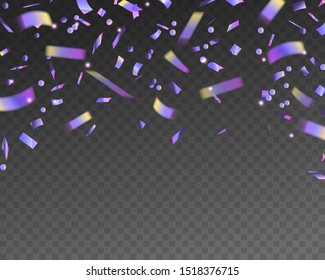 Holographic falling confetti. Realistic tinsel with iridescent texture, glitter foil hologram pieces, christmas banner vector festive effect kaleidoscope background