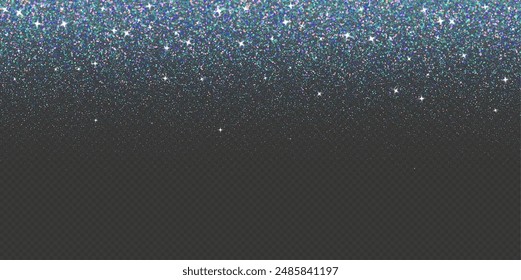 Holographic falling glitter, iridescent confetti with glowing sparkles, shimmer spray effect, festive holiday particles isolated on a dark background. Vector illustration.