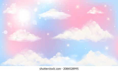 Holographic Fantasy Rainbow Unicorn Background With Clouds. Pastel Color Sky. Magical Landscape, Abstract Fabulous Pattern. Cute Candy Wallpaper. Vector