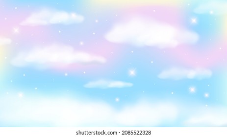 Holographic fantasy rainbow unicorn background with clouds. Pastel color sky. Magical landscape, abstract fabulous pattern. Cute candy wallpaper. Vector