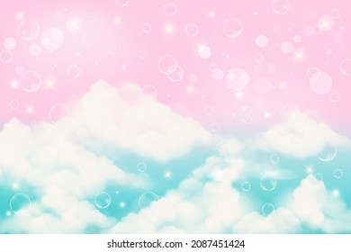 Holographic fantasy rainbow unicorn background with clouds and bubbles. Pastel color sky. Magical landscape, abstract fabulous pattern. Cute candy wallpaper. Vector