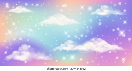 Holographic fantasy rainbow unicorn background with clouds and stars. Pastel color sky. Magical landscape, abstract fabulous pattern. Cute candy wallpaper. Vector.