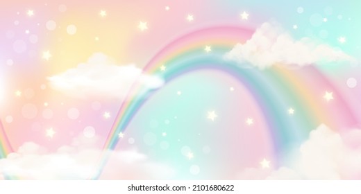 Holographic fantasy rainbow unicorn background with clouds. Pastel color sky. Magical landscape, abstract fabulous pattern. Cute candy wallpaper. Vector