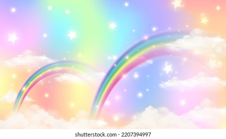 Holografische Fantasy-Regenbogen unicorn Hintergrund mit Wolken. Pastellfarbener Himmel. Magische Landschaft, abstraktes fabelhaftes Muster. Tapete mit scharfen Süßigkeiten. Vektorgrafik