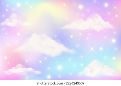 Holographic fantasy rainbow unicorn background with clouds. Pastel color sky. Magical landscape, abstract fabulous pattern. Cute candy wallpaper. Vector