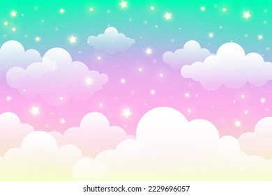 Holographic fantasy rainbow unicorn background with clouds and bubbles. Pastel color sky. Magical landscape, abstract fabulous pattern. Cute candy wallpaper. Vector