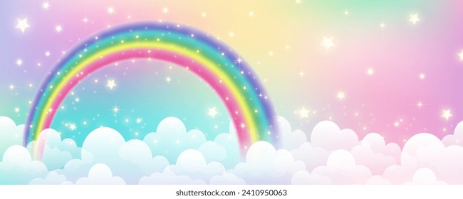 Holographic fantasy rainbow unicorn background with clouds. Pastel color sky. Magical landscape, abstract fabulous pattern. Cute candy wallpaper. Vector