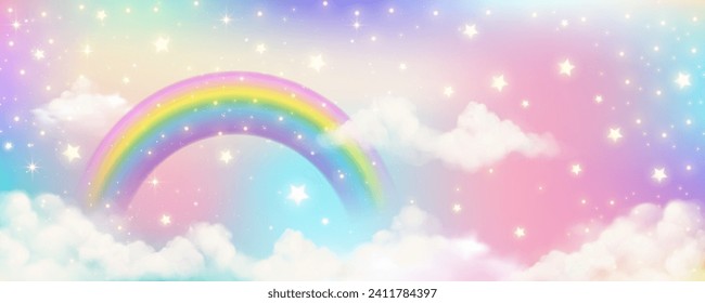 Holographic fantasy rainbow unicorn background with clouds. Pastel color sky. Magical landscape, abstract fabulous pattern. Cute candy wallpaper. Vector