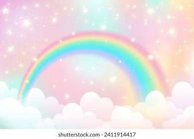 Holographic fantasy rainbow unicorn background with clouds. Pastel color sky. Magical landscape, abstract fabulous pattern. Cute candy wallpaper. Vector