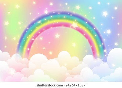 Holographic fantasy rainbow unicorn background with clouds. Pastel color sky. Magical landscape, abstract fabulous pattern. Cute candy wallpaper. Vector