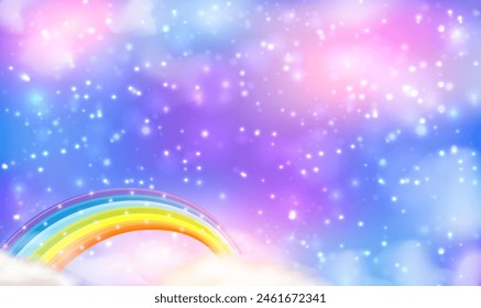 Holographic fantasy rainbow unicorn background with clouds. Magical landscape. Colorful glow star on sky with falling snow abstract for Christmas, new year, Xmas holidays, celebration. Unicorn Vector.