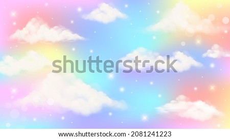 Holographic fantasy rainbow unicorn background with clouds. Pastel color sky. Magical landscape, abstract fabulous pattern. Cute candy wallpaper. Vector