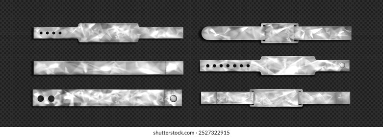 Holographic festival or concert bracelet ticket mockup. Realistic 3d vector illustration set of tyvek or plastic hologram hand wristband template for event entrance identification and admission.