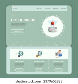 Holographic flat landing page website template. Space drones, space tourism, personal robot. Web banner with header, content and footer. Vector illustration.