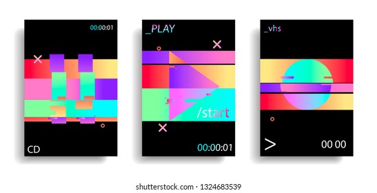 Holographic Flickering Glitched Elements Play, Circle , Pause Button. Glitch Effect. Vhs. Retro. Vaporwave.  Vector Synthwave Style