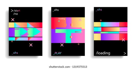 Holographic flickering glitched elements plus, stop, return button. Glitch effect. Vhs. retro. Vaporwave.  Vector synthwave style