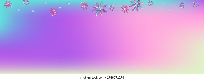 Holographic Flower Graphic Blue Panoramic Background. Color Hibiscus Texture. Holiday Blue and Pink Banner. Light Petal Retro Pattern.