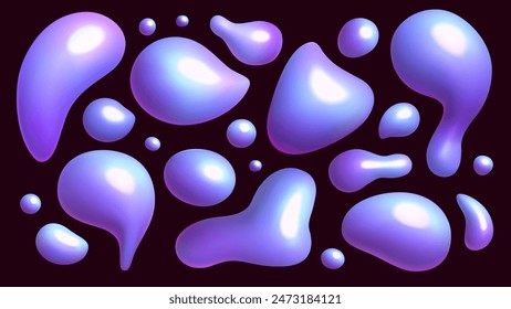 Holographic fluid blob shapes. Vector 3d organic liquid abstract design elements collection.