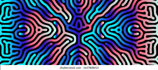 Holographic fluid, drops and blobs on dark background. Psychedelic spiritual background, concept illustration of hallucination or visual illusion.