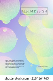 Holographic fluid with radial circles and halftone dots texture. Geometric shapes on gradient background. Modern template for poster, cover, banner, brochure. Minimal holographic fluid in neon colors