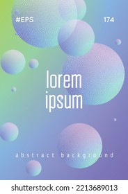 Holographic fluid with radial circles and halftone dots texture. Geometric shapes on gradient background. Modern template for poster, cover, banner, brochure. Minimal holographic fluid in neon colors